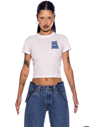 BLUE DENIM SCRAP MINI TEE IN WHITE