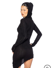 Load image into Gallery viewer, ASYMMETRIC OPEN SEAM ZIP HOODED DRESS IN BLACK ECO RIB
