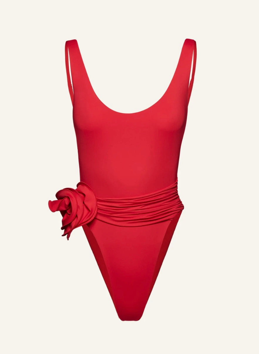 Flower scoop neck swimsuit in red
