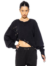 Load image into Gallery viewer, ASYMMETRIC SAFETY PIN CREWNECK IN BLACK TERRY
