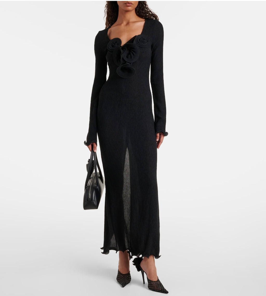 Floral-appliqués sheer maxi dress