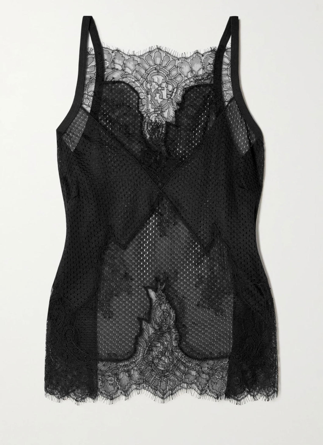 Chantilly lace-trimmed mesh camisole